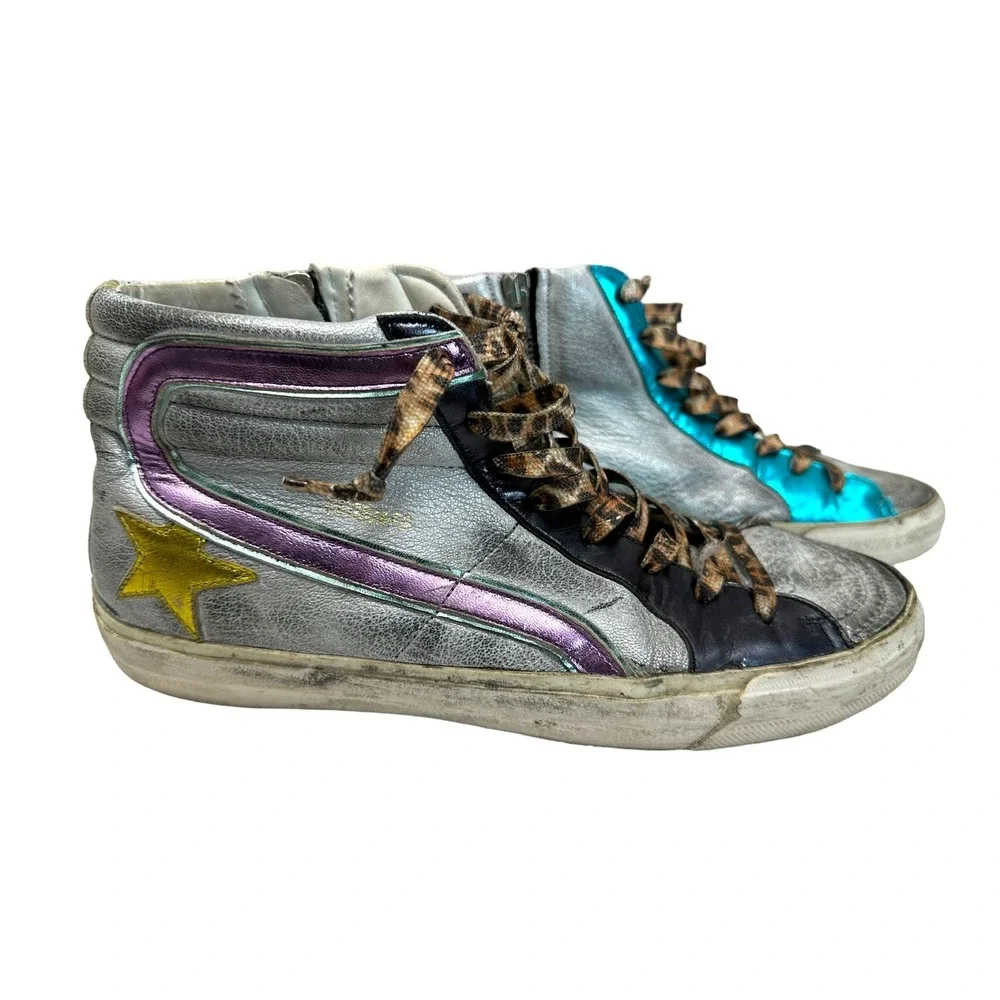 Golden Goose Deluxe Brand Slide‎ Silver rainbow High Top Sneakers 40